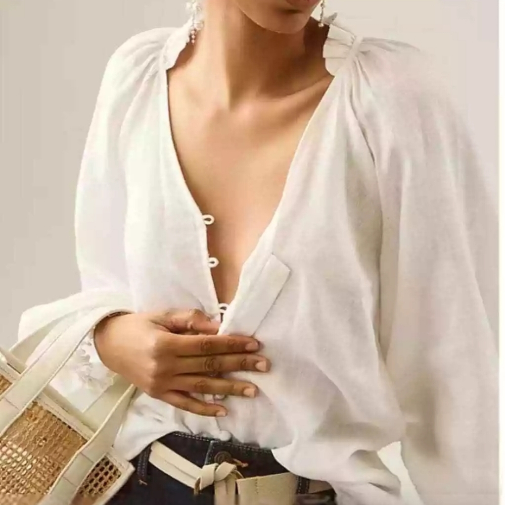 Maeve Ivory Button-Front Peasant Blouse